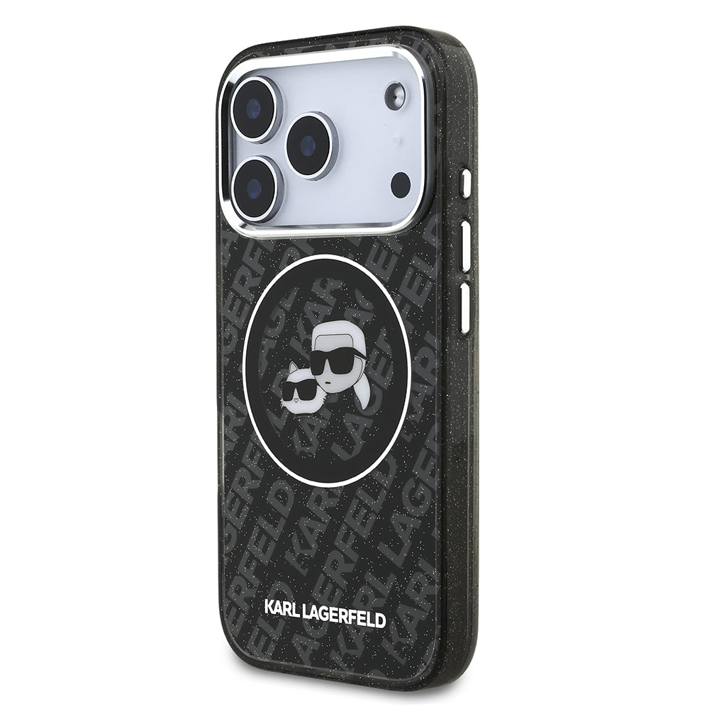Apple iPhone 17 Pro Kılıf Karl Lagerfeld Orjinal Lisanslı Parlayan Simli Karl & Choupette Heads Kapak Siyah