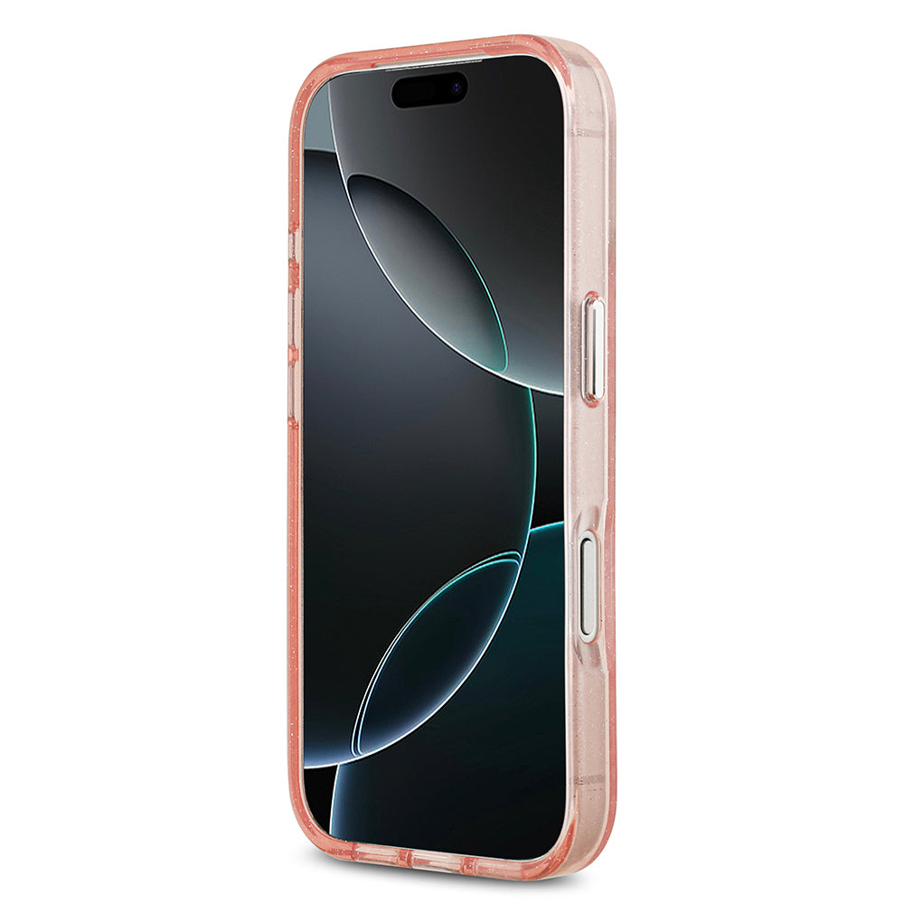 Apple iPhone 17 Pro Kılıf Karl Lagerfeld Orjinal Lisanslı Parlayan Simli Karl & Choupette Heads Kapak Pembe