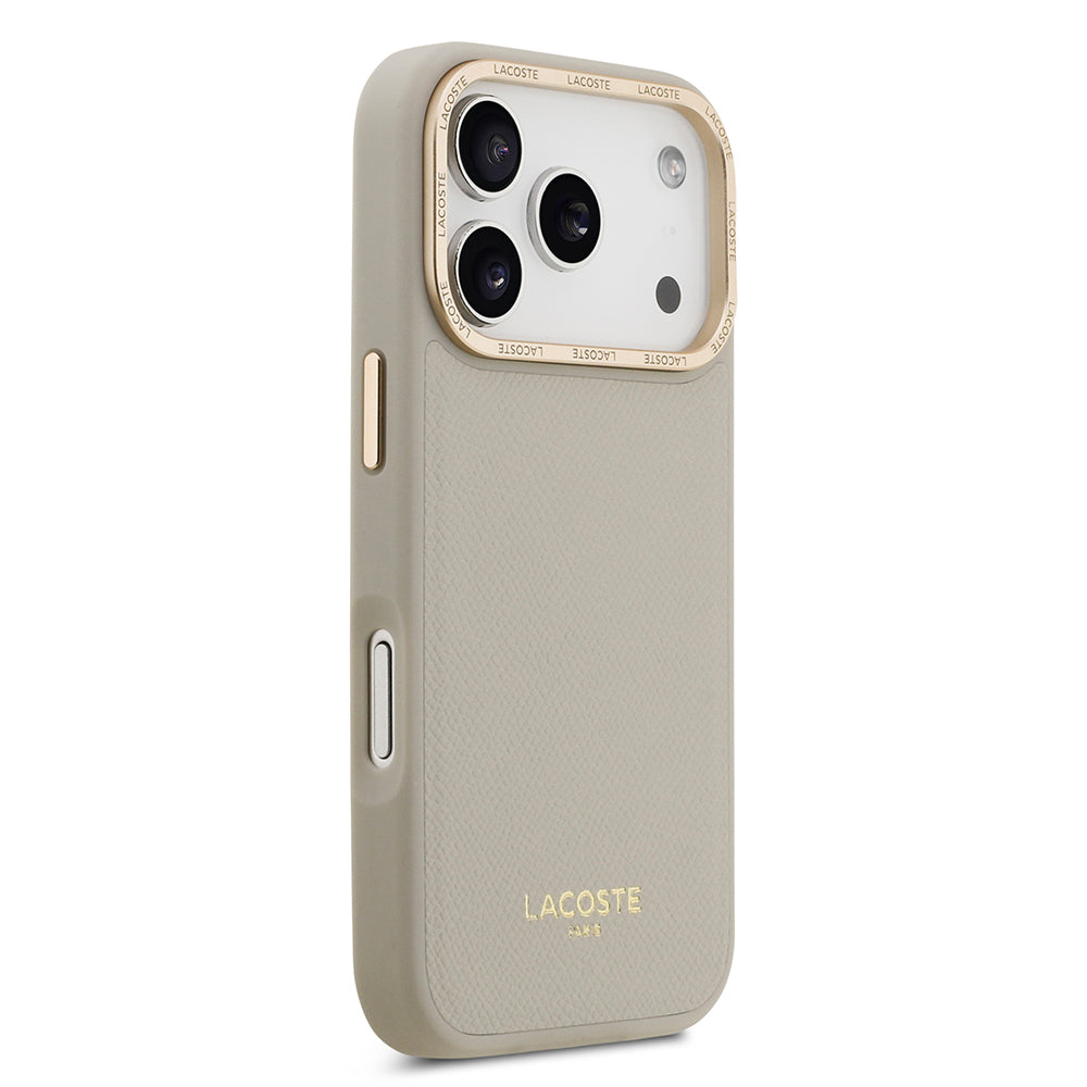 Apple iPhone 17 Pro Kılıf Lacoste Orjinal Lisanslı M-safe Şarj Özellikli Champs Elysees PU Deri Tasarımlı Kapak Gri