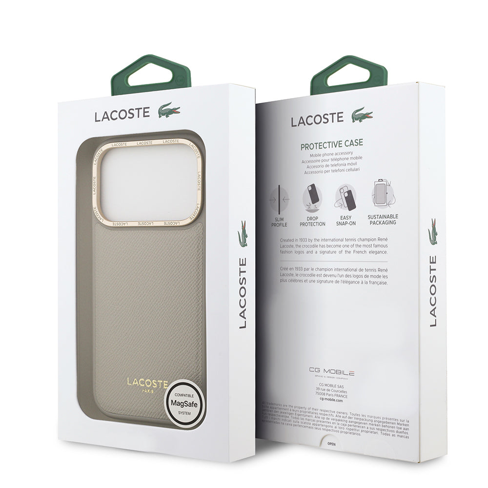 Apple iPhone 17 Pro Kılıf Lacoste Orjinal Lisanslı M-safe Şarj Özellikli Champs Elysees PU Deri Tasarımlı Kapak Gri