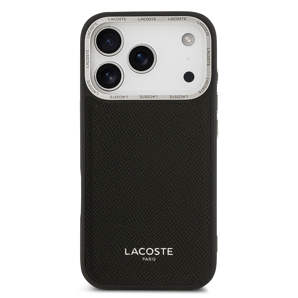 Apple iPhone 17 Pro Kılıf Lacoste Orjinal Lisanslı M-safe Şarj Özellikli Champs Elysees PU Deri Tasarımlı Kapak Siyah