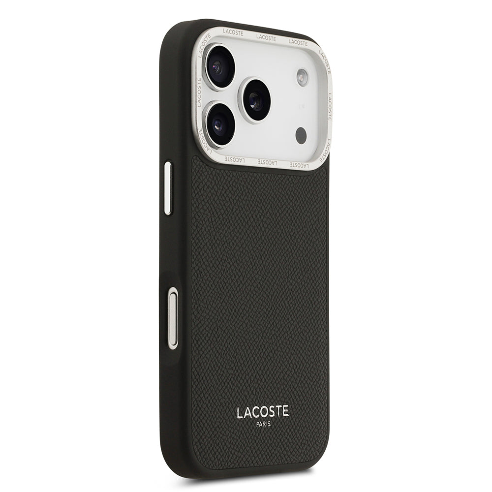 Apple iPhone 17 Pro Kılıf Lacoste Orjinal Lisanslı M-safe Şarj Özellikli Champs Elysees PU Deri Tasarımlı Kapak Siyah