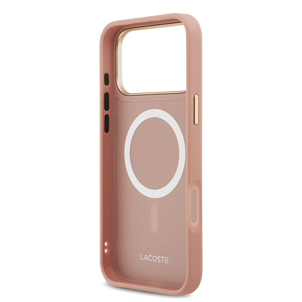 Apple iPhone 17 Pro Kılıf Lacoste Orjinal Lisanslı M-safe Şarj Özellikli Champs Elysees PU Deri Tasarımlı Kapak Pembe