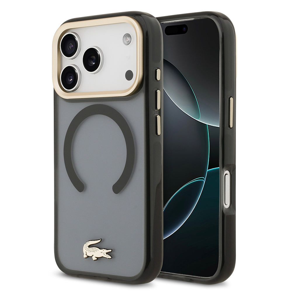 Apple iPhone 17 Pro Kılıf Lacoste Orjinal Lisanslı M-safe Şarj Özellikli Gold Timsah Logolu Buzlu Kapak Siyah