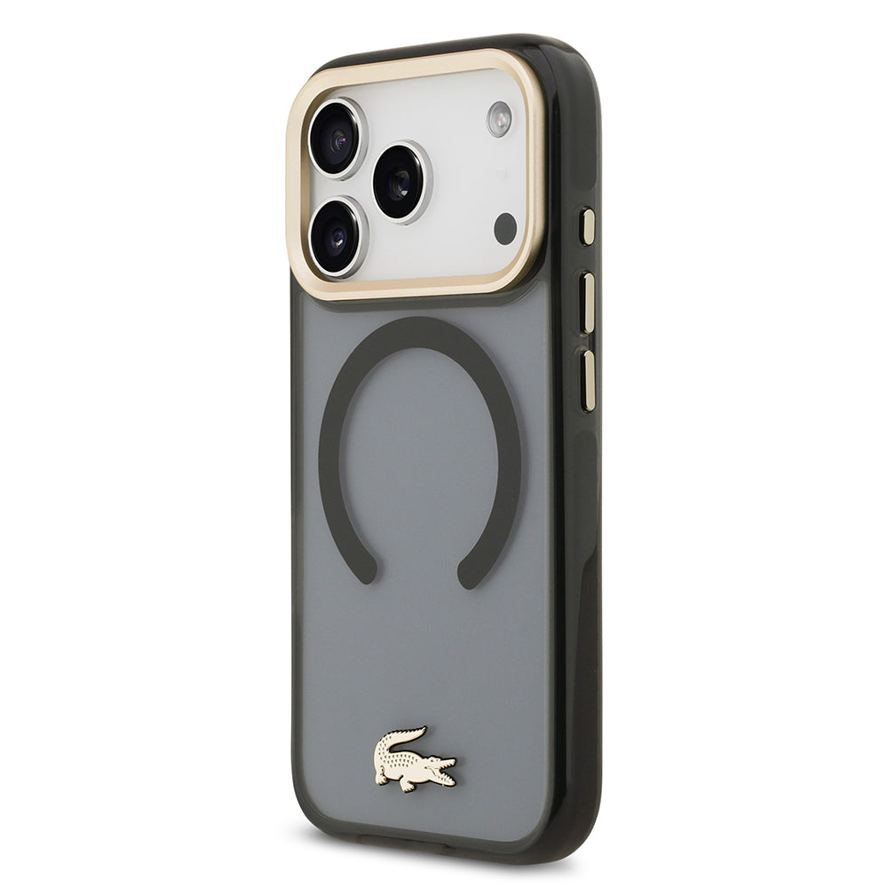 Apple iPhone 17 Pro Kılıf Lacoste Orjinal Lisanslı M-safe Şarj Özellikli Gold Timsah Logolu Buzlu Kapak Siyah