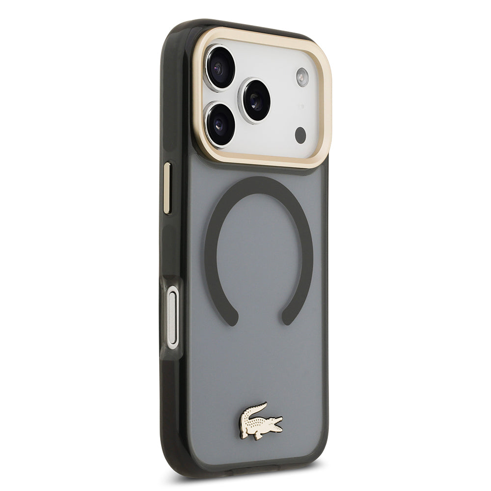 Apple iPhone 17 Pro Kılıf Lacoste Orjinal Lisanslı M-safe Şarj Özellikli Gold Timsah Logolu Buzlu Kapak Siyah