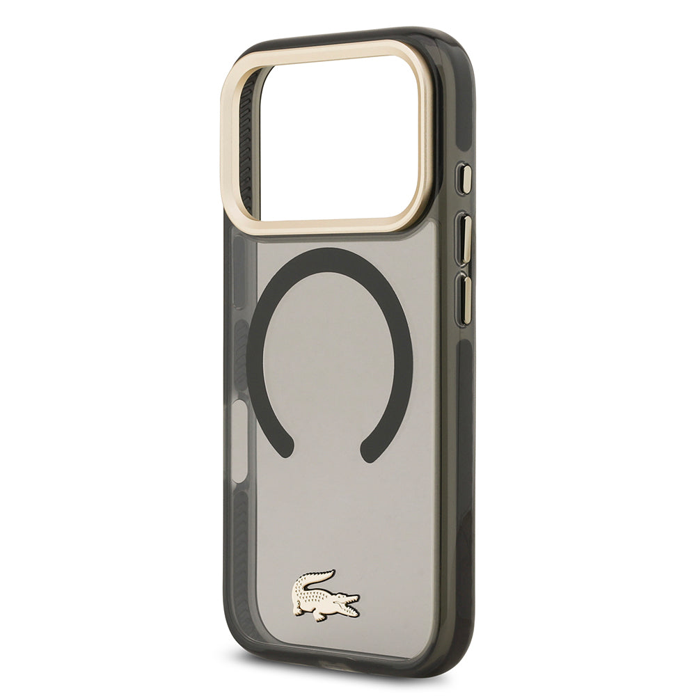 Apple iPhone 17 Pro Kılıf Lacoste Orjinal Lisanslı M-safe Şarj Özellikli Gold Timsah Logolu Buzlu Kapak Siyah