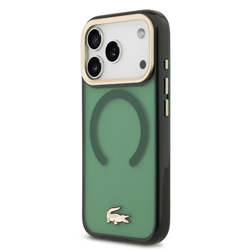 Apple iPhone 17 Pro Kılıf Lacoste Orjinal Lisanslı M-safe Şarj Özellikli Gold Timsah Logolu Buzlu Kapak Yeşil