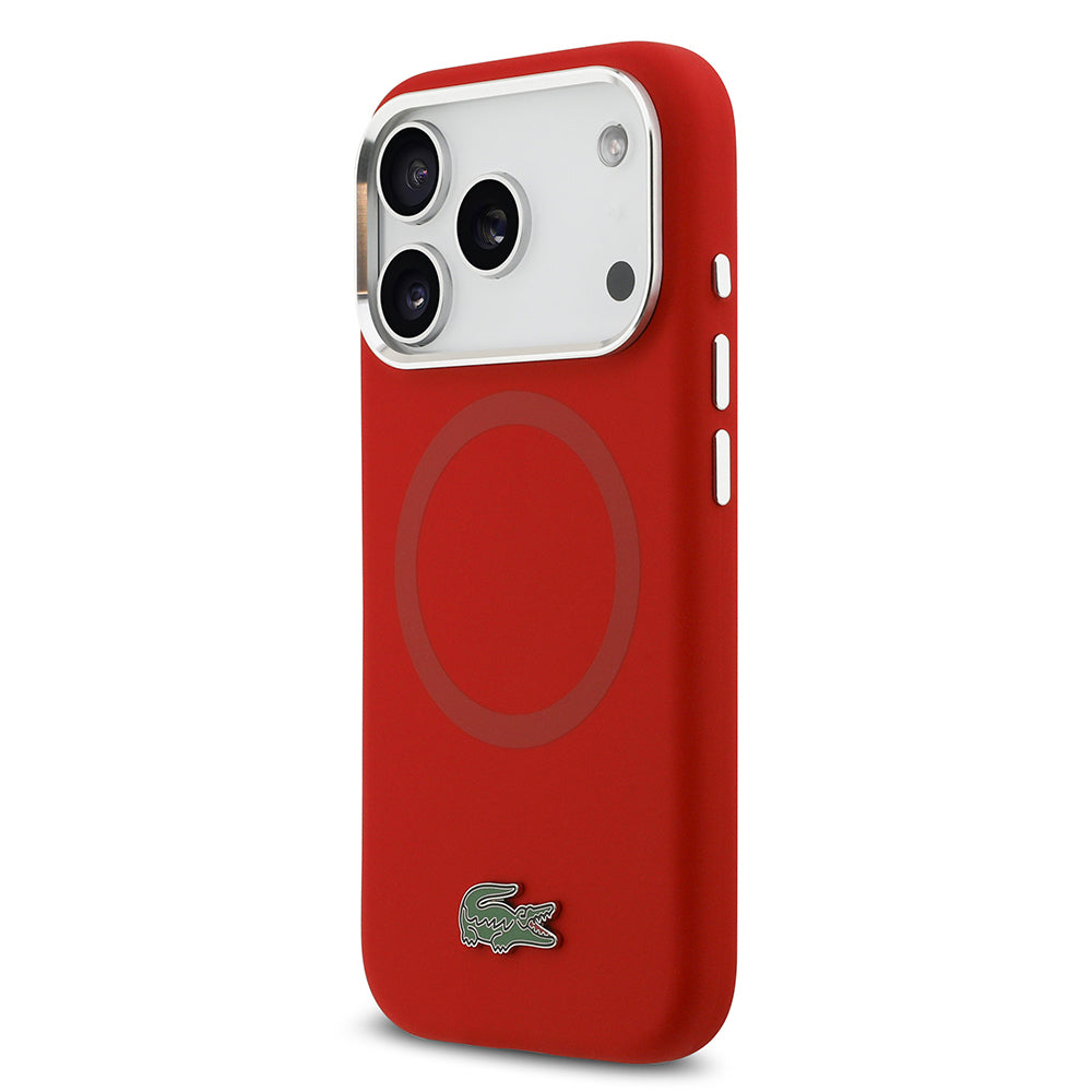 Apple iPhone 17 Pro Kılıf Lacoste Orjinal Lisanslı M-safe Şarj Özellikli İkonik Logolu Metal Kamera Çerçeveli Silikon Kapak Kırmızı