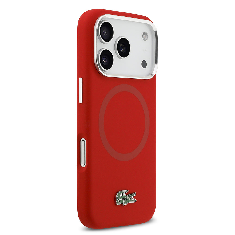 Apple iPhone 17 Pro Kılıf Lacoste Orjinal Lisanslı M-safe Şarj Özellikli İkonik Logolu Metal Kamera Çerçeveli Silikon Kapak Kırmızı