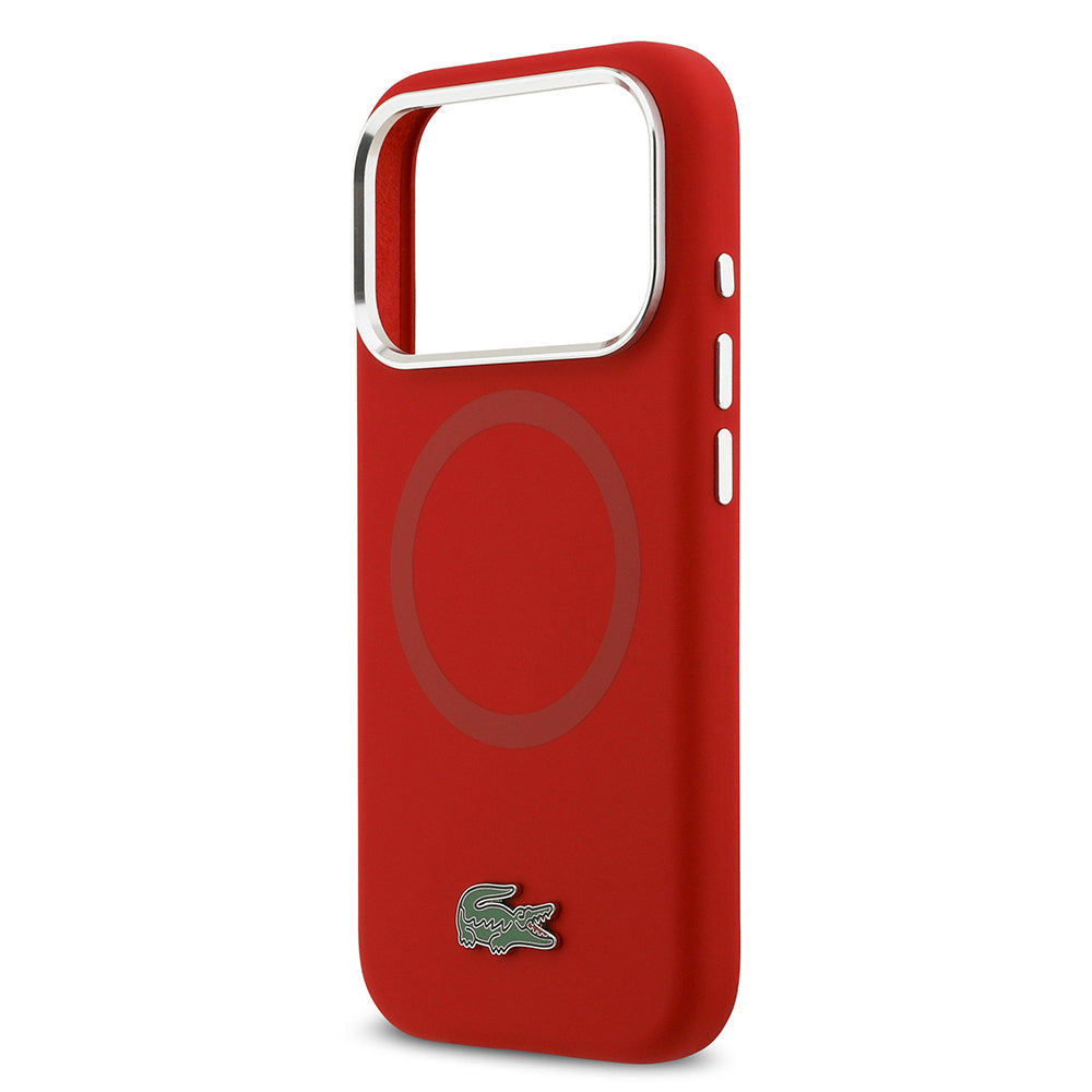 Apple iPhone 17 Pro Kılıf Lacoste Orjinal Lisanslı M-safe Şarj Özellikli İkonik Logolu Metal Kamera Çerçeveli Silikon Kapak Kırmızı