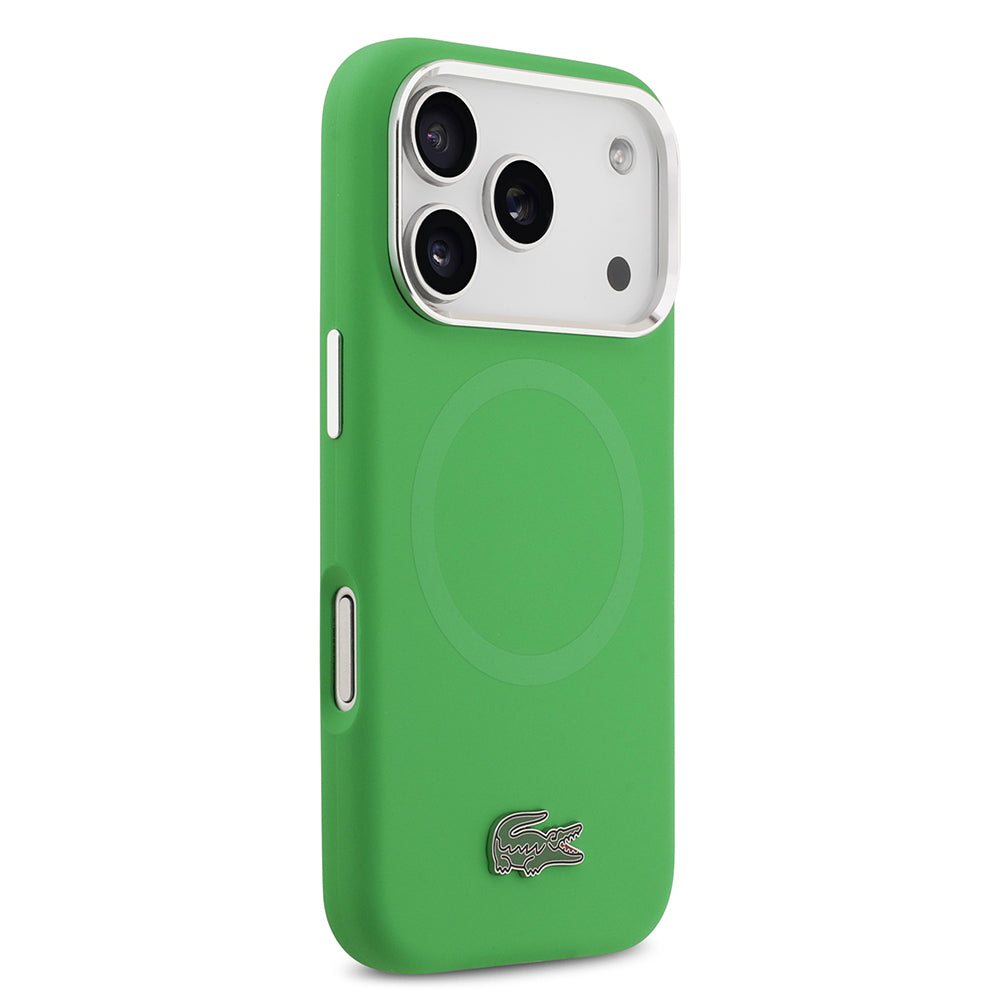 Apple iPhone 17 Pro Kılıf Lacoste Orjinal Lisanslı M-safe Şarj Özellikli İkonik Logolu Metal Kamera Çerçeveli Silikon Kapak Yeşil