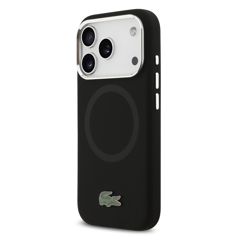 Apple iPhone 17 Pro Kılıf Lacoste Orjinal Lisanslı M-safe Şarj Özellikli İkonik Logolu Metal Kamera Çerçeveli Silikon Kapak Siyah