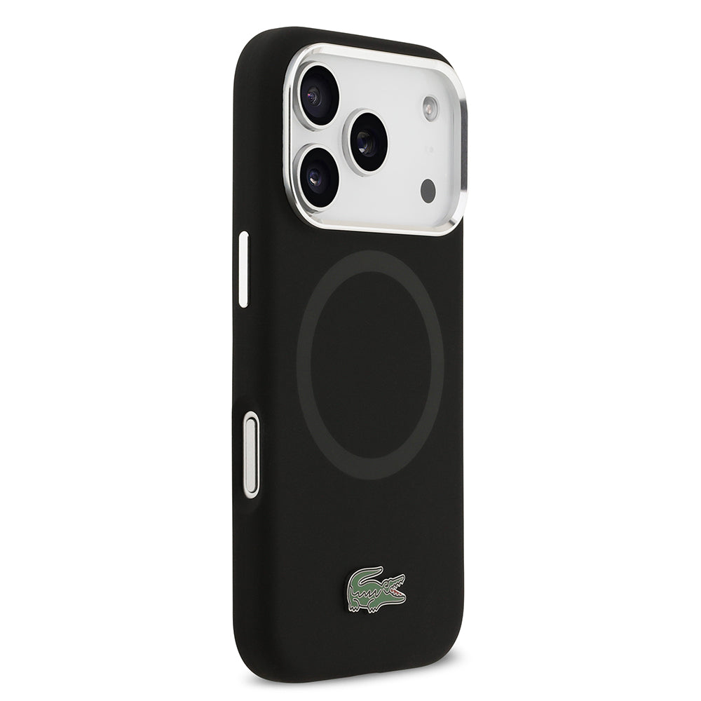 Apple iPhone 17 Pro Kılıf Lacoste Orjinal Lisanslı M-safe Şarj Özellikli İkonik Logolu Metal Kamera Çerçeveli Silikon Kapak Siyah