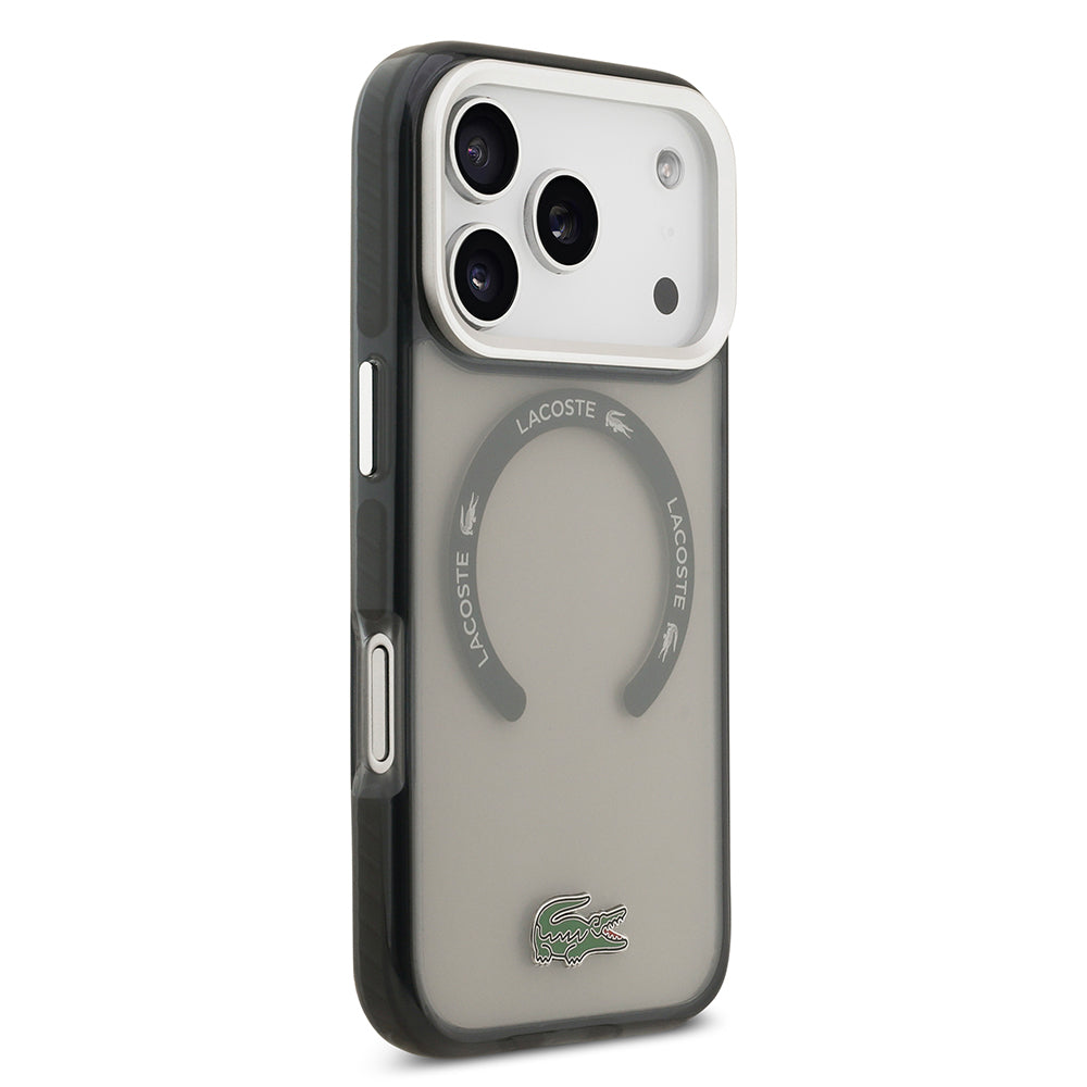 Apple iPhone 17 Pro Kılıf Lacoste Orjinal Lisanslı M-safe Şarj Özellikli İkonik Timsah Logolu Buzlu Kapak Gri