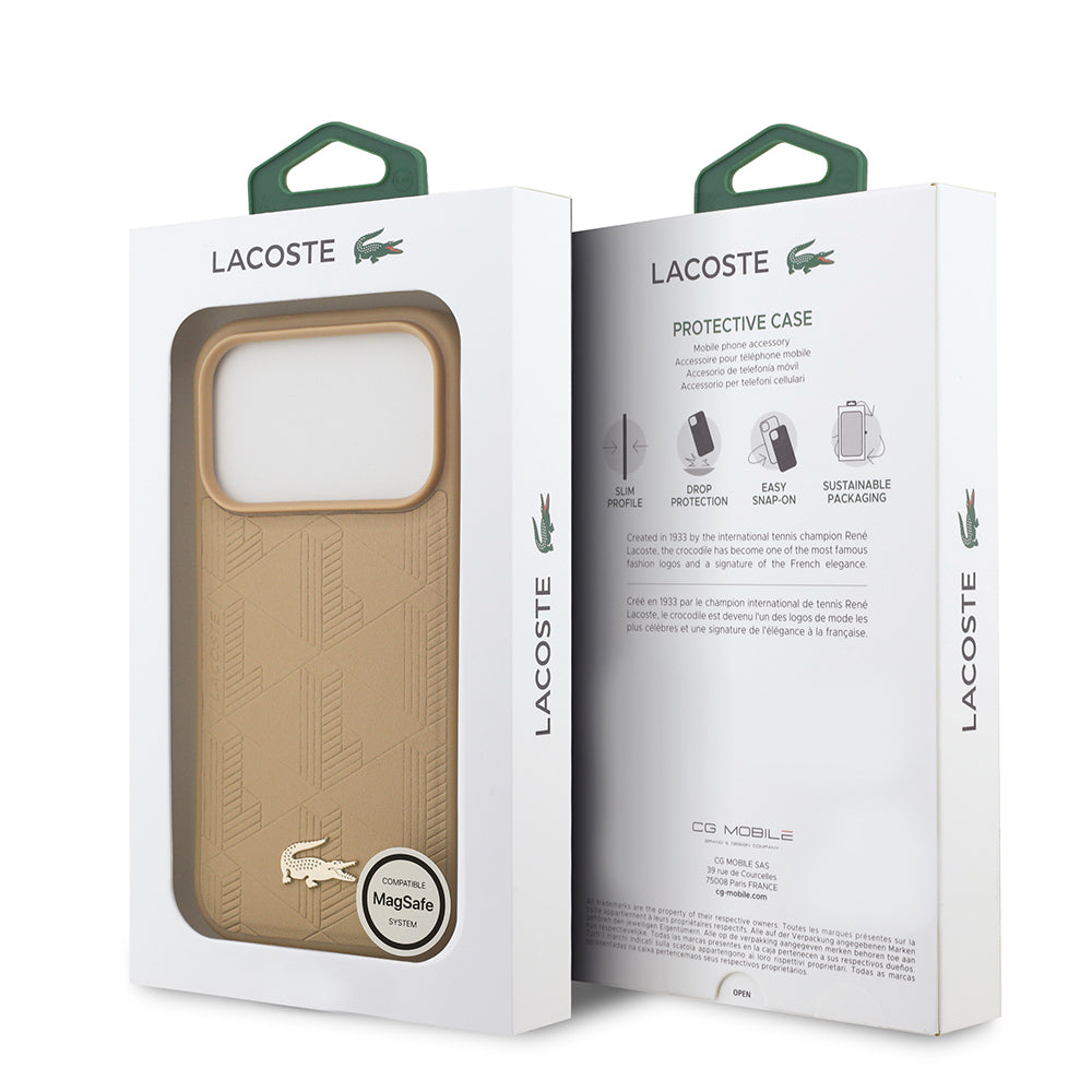 Apple iPhone 17 Pro Kılıf Lacoste Orjinal Lisanslı M-safe Şarj Özellikli PU Deri Tasarımlı Karışık Monogram Desenli Kapak  Siyah