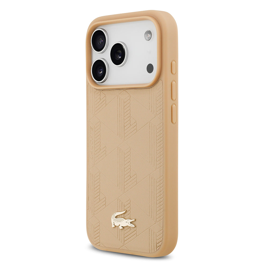 Apple iPhone 17 Pro Kılıf Lacoste Orjinal Lisanslı M-safe Şarj Özellikli PU Deri Tasarımlı Karışık Monogram Desenli Kapak  Bej