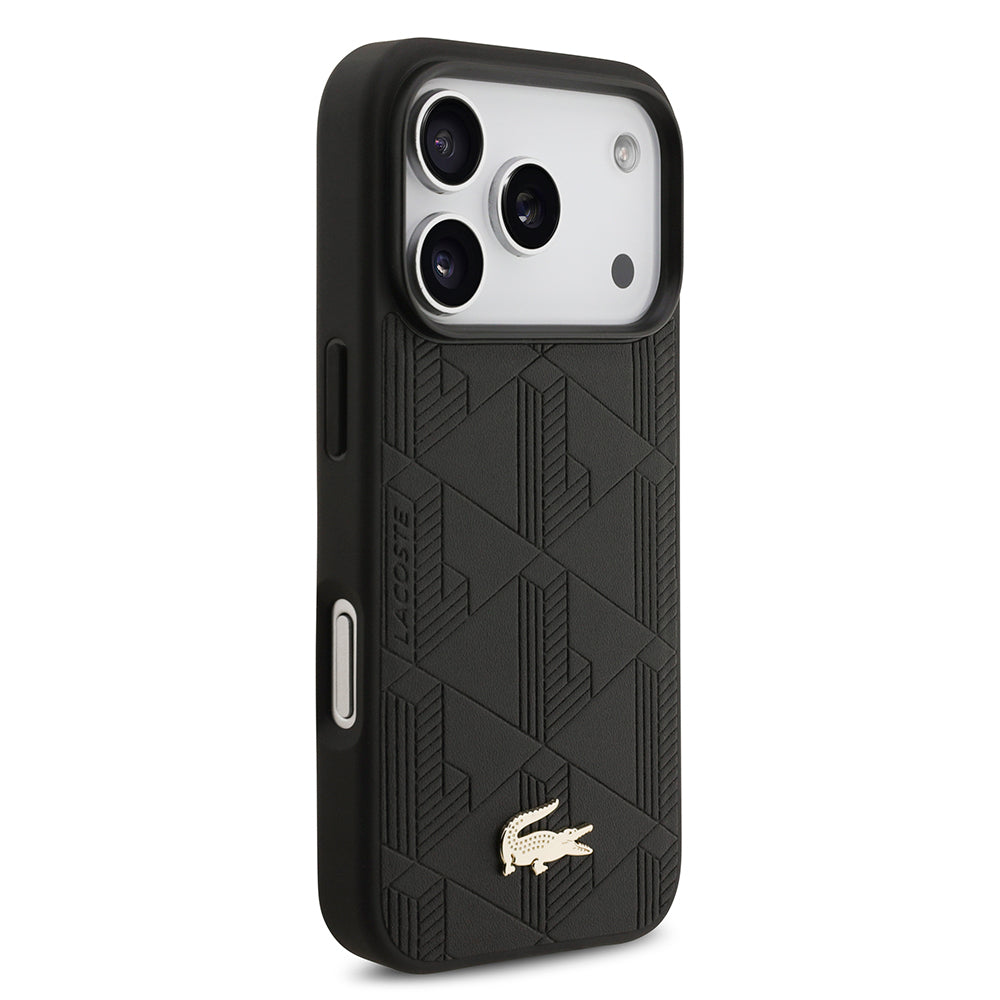 Apple iPhone 17 Pro Kılıf Lacoste Orjinal Lisanslı M-safe Şarj Özellikli PU Deri Tasarımlı Karışık Monogram Desenli Kapak  Siyah