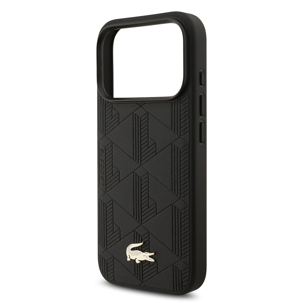 Apple iPhone 17 Pro Kılıf Lacoste Orjinal Lisanslı M-safe Şarj Özellikli PU Deri Tasarımlı Karışık Monogram Desenli Kapak  Siyah