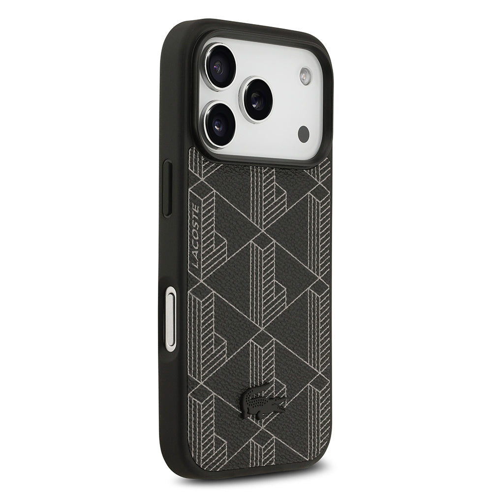 Apple iPhone 17 Pro Kılıf Lacoste Orjinal Lisanslı M-safe Şarj Özellikli PU Deri Tasarımlı Kartlıklı Karışık Monogram Desenli Kapak Siyah