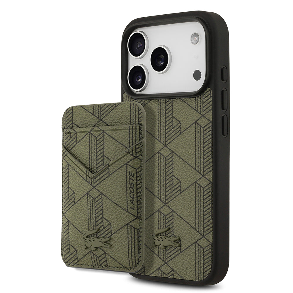 Apple iPhone 17 Pro Kılıf Lacoste Orjinal Lisanslı M-safe Şarj Özellikli PU Deri Tasarımlı Kartlıklı Karışık Monogram Desenli Kapak Yeşil