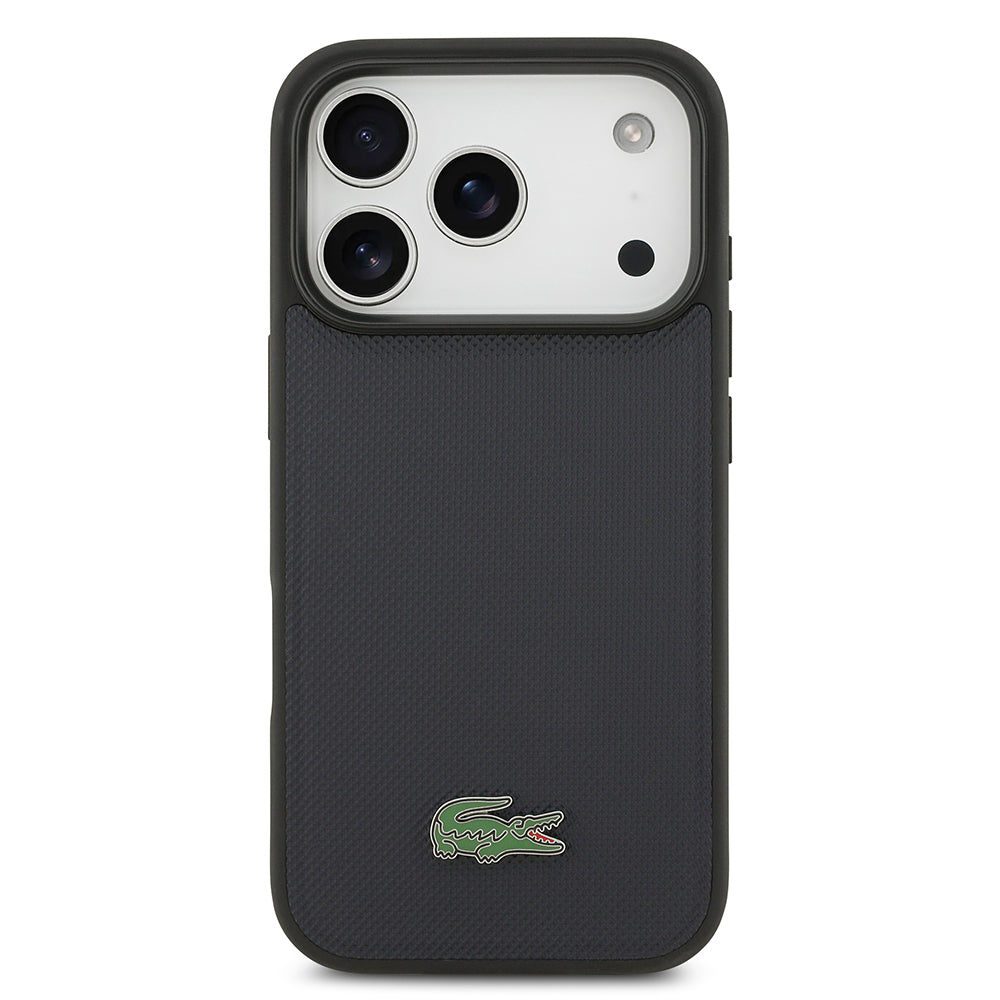 Apple iPhone 17 Pro Kılıf Lacoste Orjinal Lisanslı M-safe Şarj Özellikli PU Pike Desenli Metal Logolu Kapak Lacivert