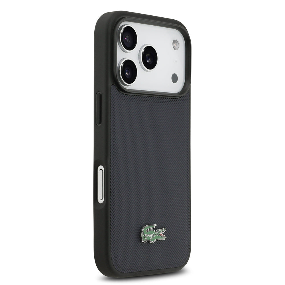 Apple iPhone 17 Pro Kılıf Lacoste Orjinal Lisanslı M-safe Şarj Özellikli PU Pike Desenli Metal Logolu Kapak Lacivert