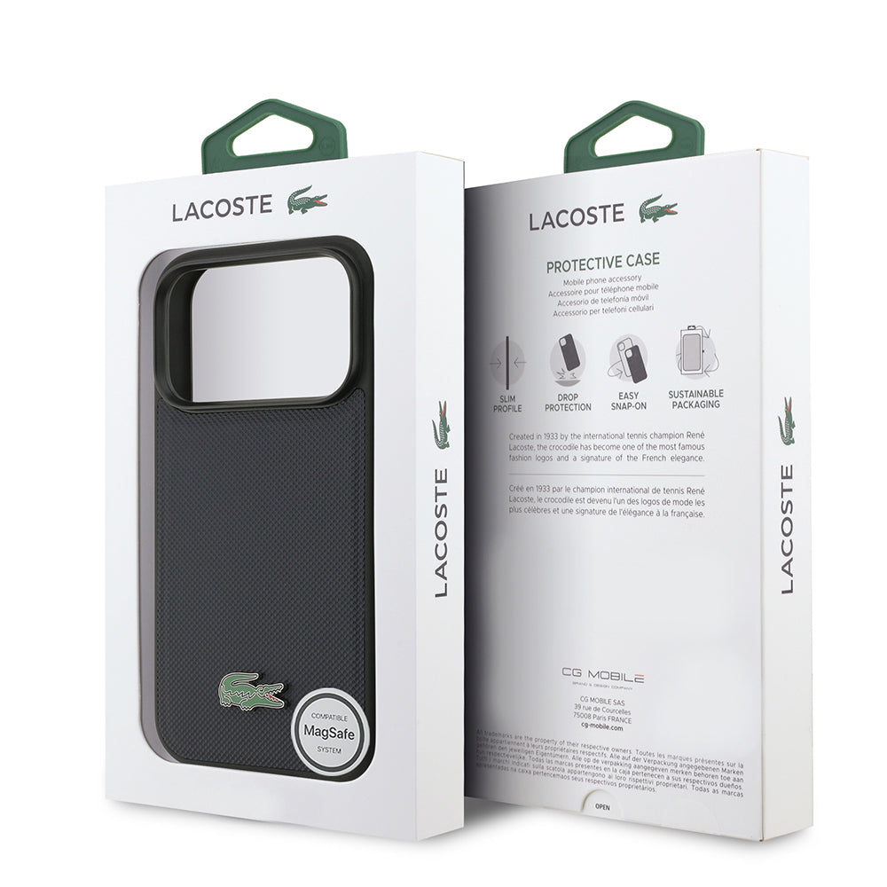 Apple iPhone 17 Pro Kılıf Lacoste Orjinal Lisanslı M-safe Şarj Özellikli PU Pike Desenli Metal Logolu Kapak Lacivert