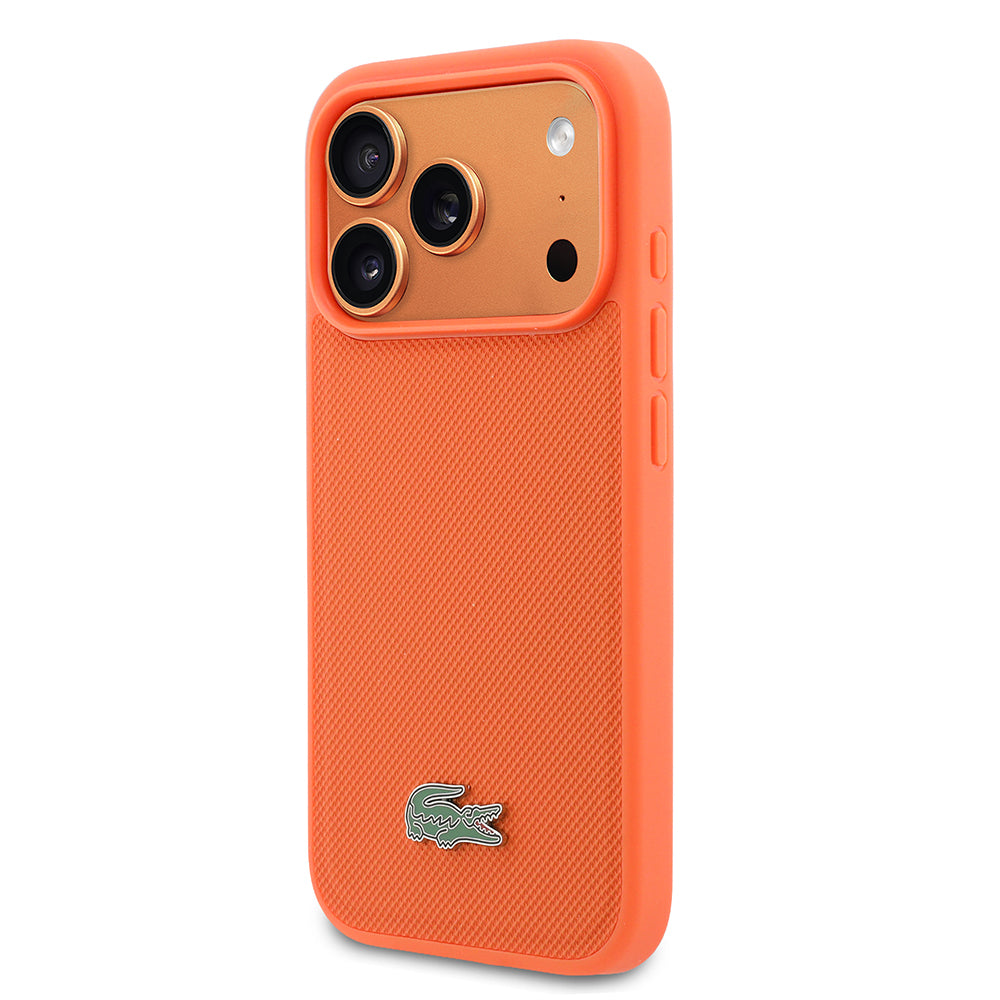 Apple iPhone 17 Pro Kılıf Lacoste Orjinal Lisanslı M-safe Şarj Özellikli PU Pike Desenli Metal Logolu Kapak Turuncu