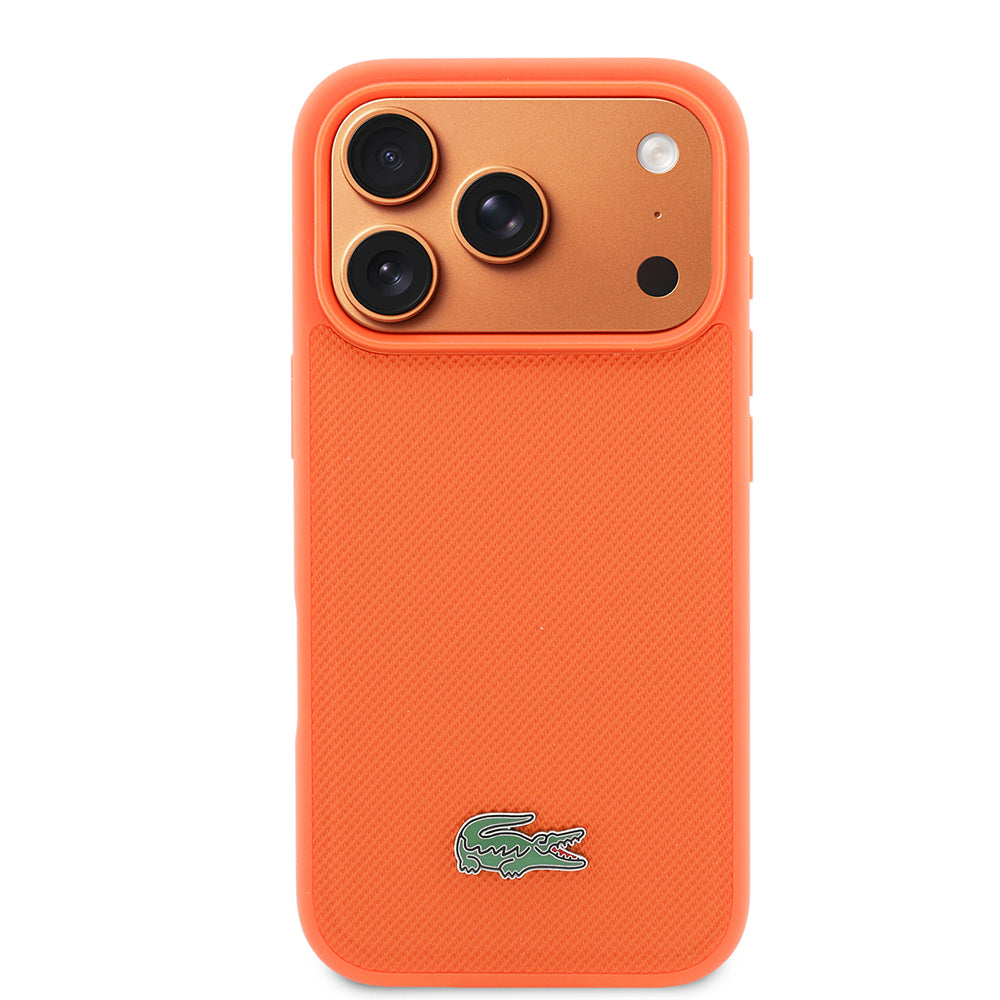 Apple iPhone 17 Pro Kılıf Lacoste Orjinal Lisanslı M-safe Şarj Özellikli PU Pike Desenli Metal Logolu Kapak Turuncu