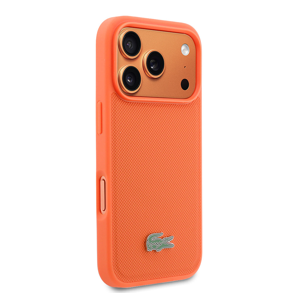 Apple iPhone 17 Pro Kılıf Lacoste Orjinal Lisanslı M-safe Şarj Özellikli PU Pike Desenli Metal Logolu Kapak Turuncu