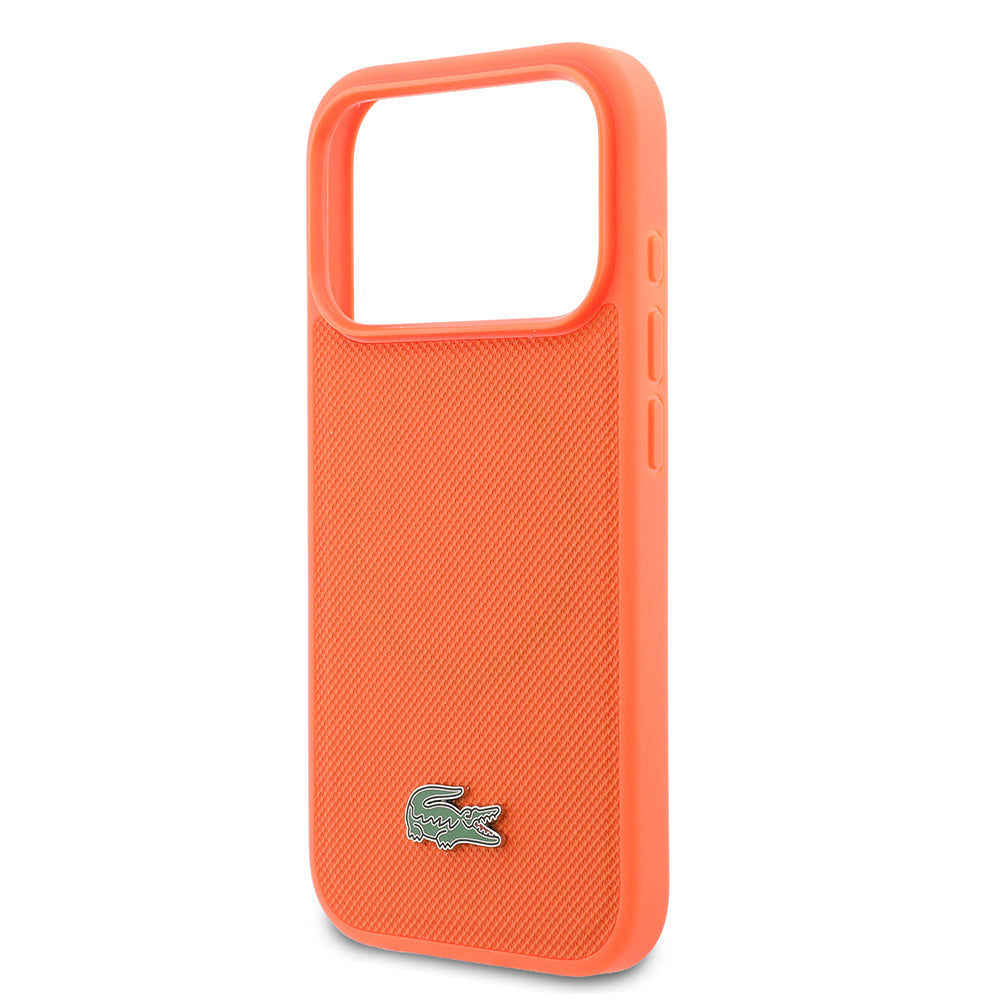 Apple iPhone 17 Pro Kılıf Lacoste Orjinal Lisanslı M-safe Şarj Özellikli PU Pike Desenli Metal Logolu Kapak Turuncu