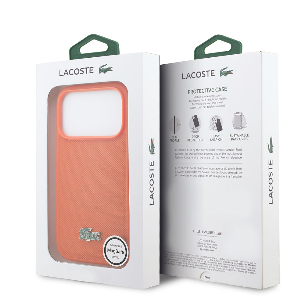 Apple iPhone 17 Pro Kılıf Lacoste Orjinal Lisanslı M-safe Şarj Özellikli PU Pike Desenli Metal Logolu Kapak Turuncu