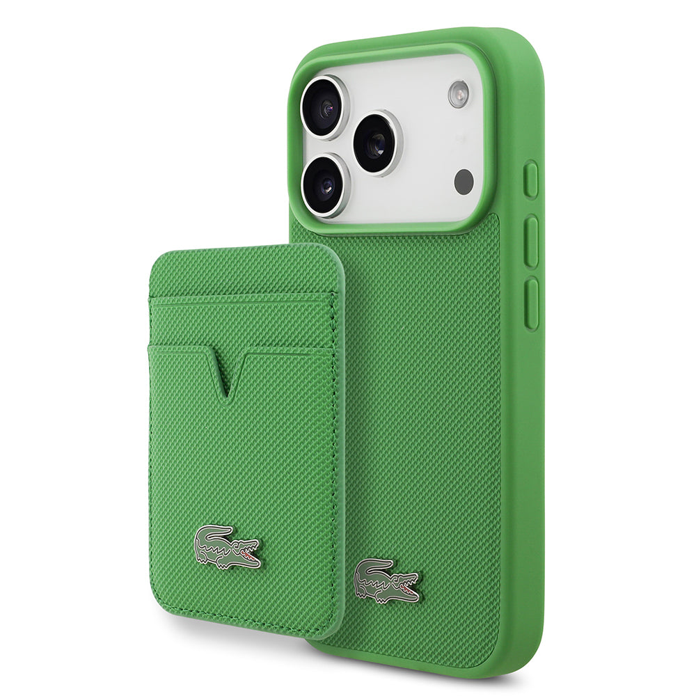 Apple iPhone 17 Pro Kılıf Lacoste Orjinal Lisanslı M-safe Şarj Özellikli PU Pike Desenli Metal Logolu Kartlıklı Kapak Yeşil