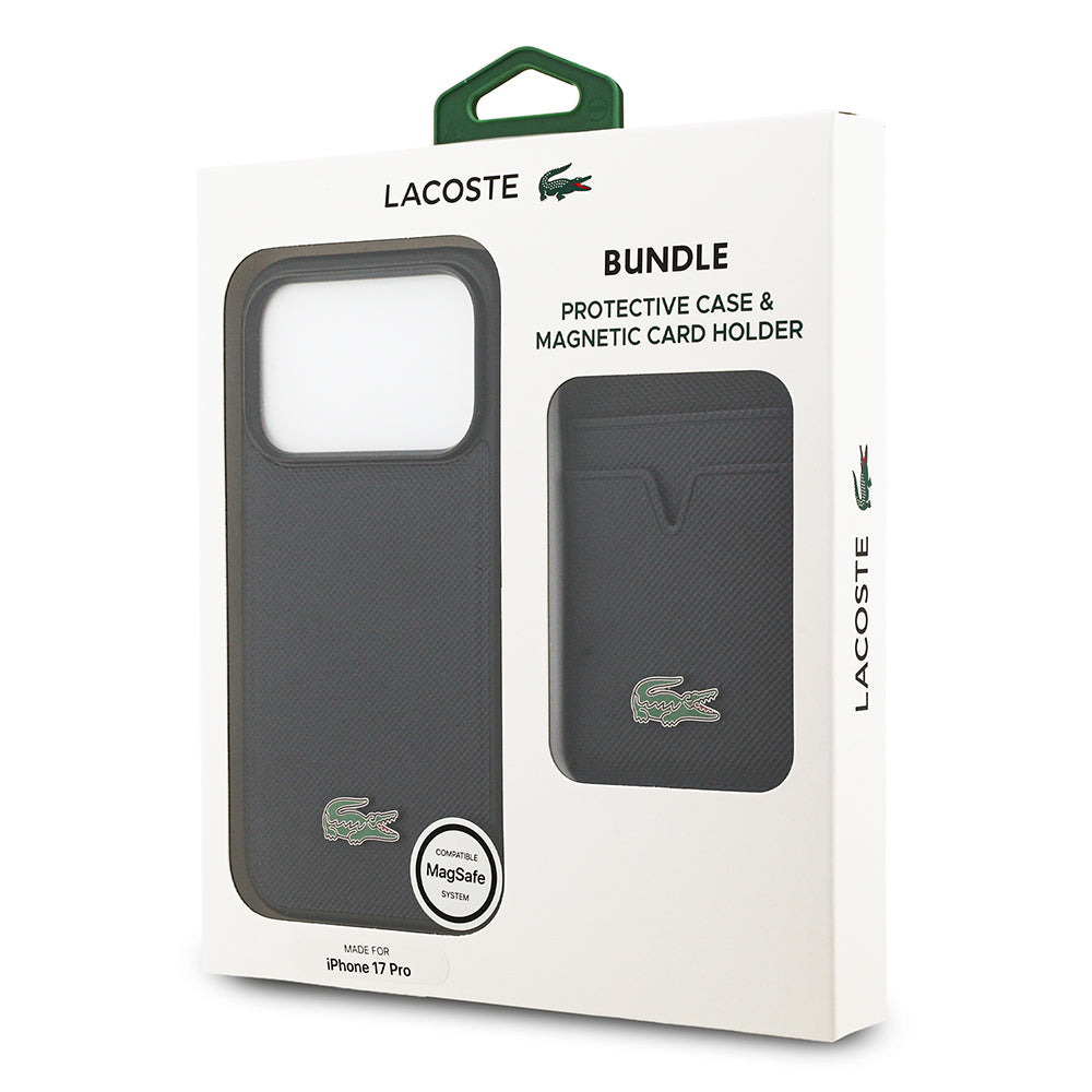 Apple iPhone 17 Pro Kılıf Lacoste Orjinal Lisanslı M-safe Şarj Özellikli PU Pike Desenli Metal Logolu Kartlıklı Kapak Lacivert