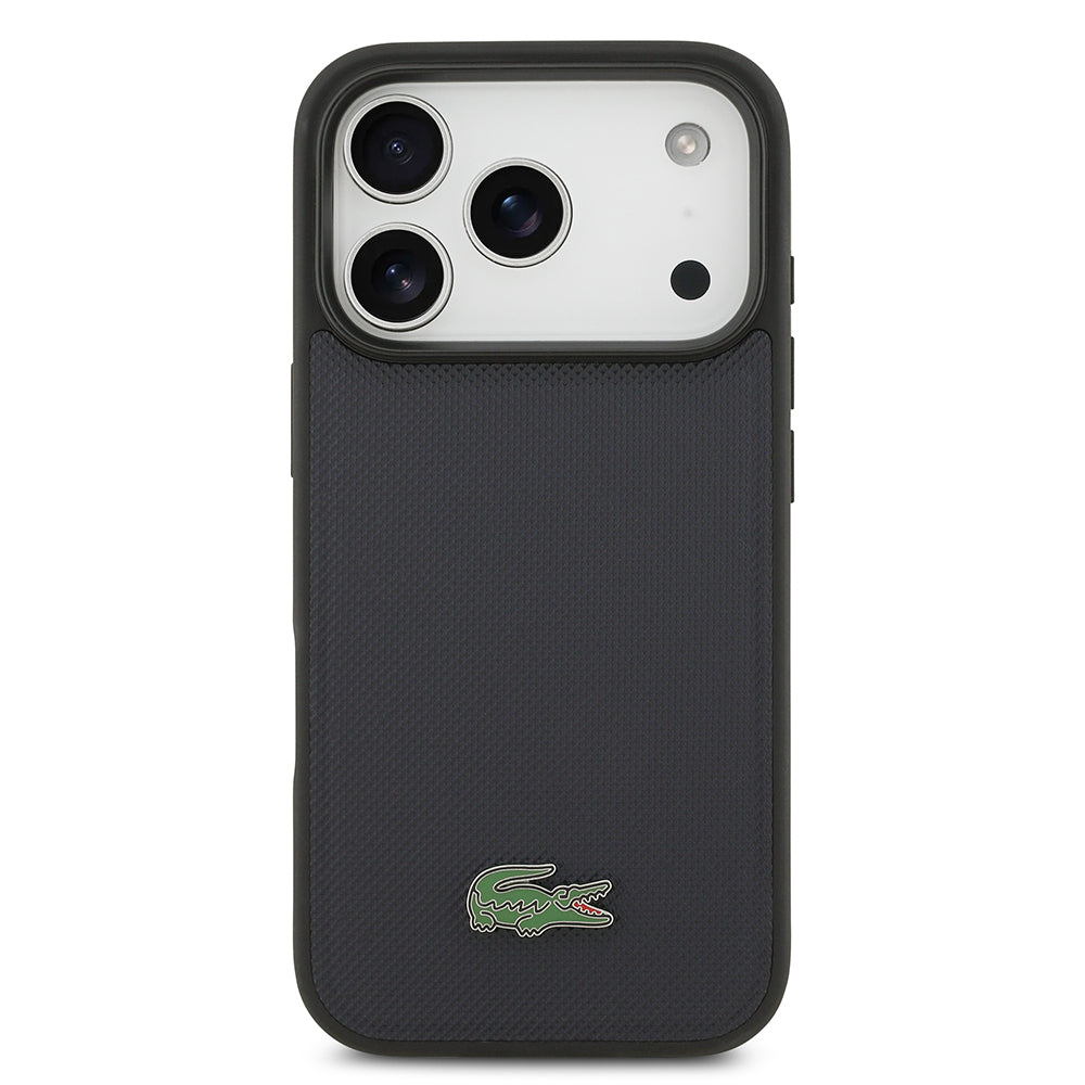 Apple iPhone 17 Pro Kılıf Lacoste Orjinal Lisanslı M-safe Şarj Özellikli PU Pike Desenli Metal Logolu Kartlıklı Kapak Lacivert