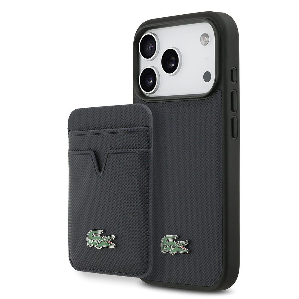 Apple iPhone 17 Pro Kılıf Lacoste Orjinal Lisanslı M-safe Şarj Özellikli PU Pike Desenli Metal Logolu Kartlıklı Kapak Lacivert