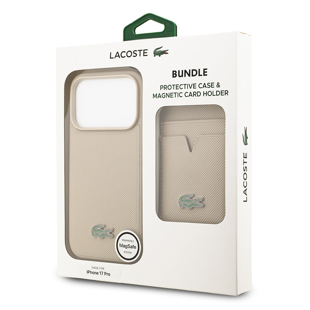 Apple iPhone 17 Pro Kılıf Lacoste Orjinal Lisanslı M-safe Şarj Özellikli PU Pike Desenli Metal Logolu Kartlıklı Kapak Bej