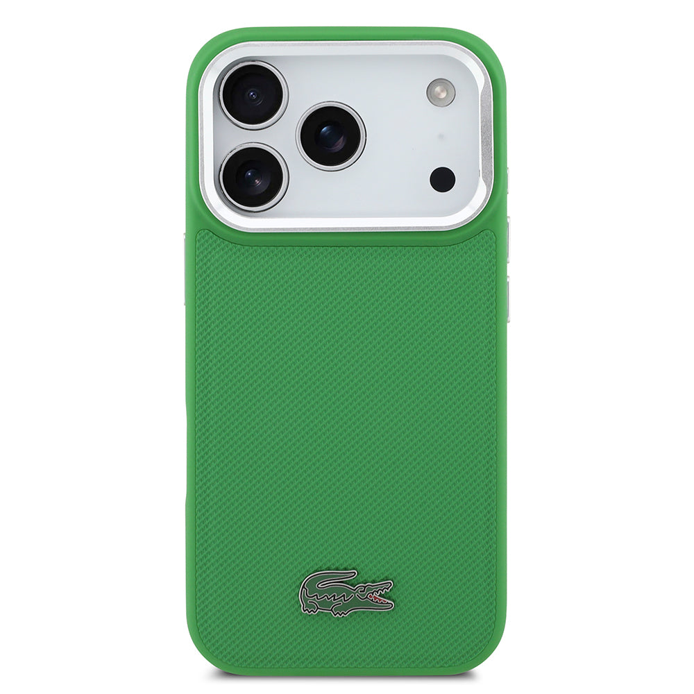 Apple iPhone 17 Pro Kılıf Lacoste Orjinal Lisanslı M-safe Şarj Özellikli PU Pike Desenli Standlı Metal Logolu Kapak Yeşil