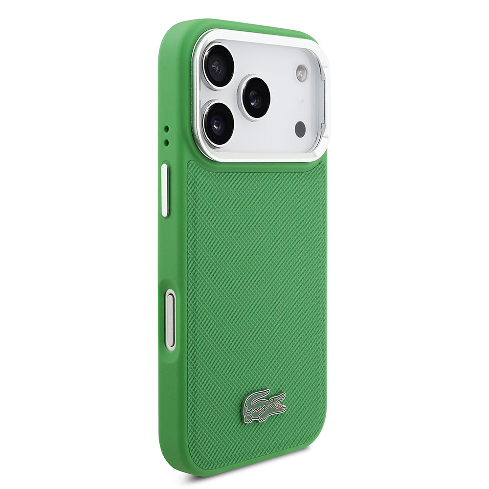 Apple iPhone 17 Pro Kılıf Lacoste Orjinal Lisanslı M-safe Şarj Özellikli PU Pike Desenli Standlı Metal Logolu Kapak Yeşil