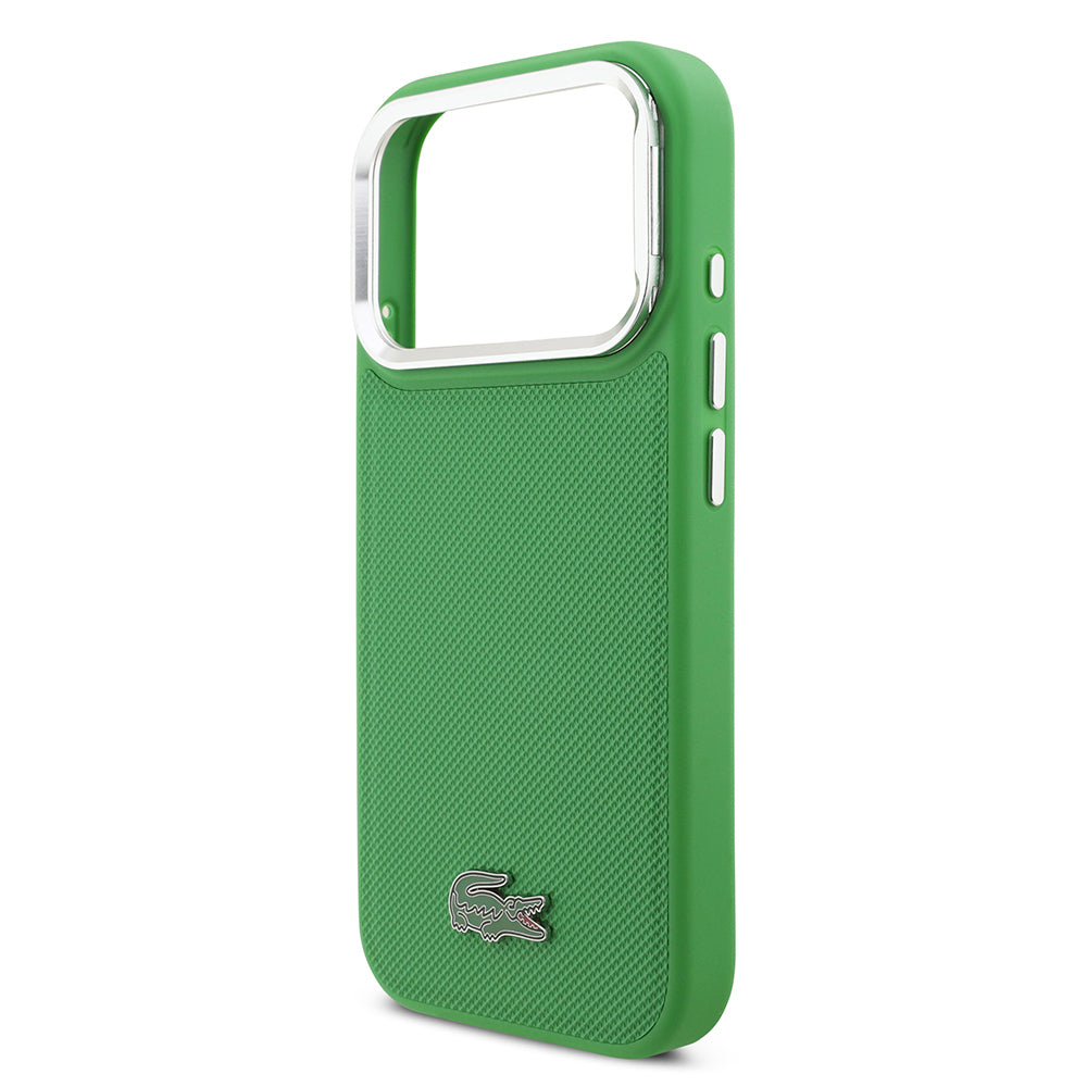 Apple iPhone 17 Pro Kılıf Lacoste Orjinal Lisanslı M-safe Şarj Özellikli PU Pike Desenli Standlı Metal Logolu Kapak Yeşil