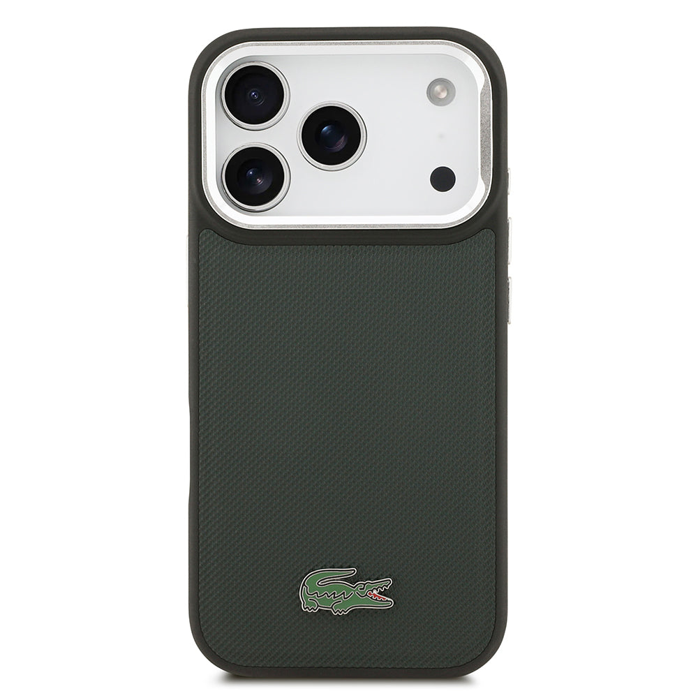Apple iPhone 17 Pro Kılıf Lacoste Orjinal Lisanslı M-safe Şarj Özellikli PU Pike Desenli Standlı Metal Logolu Kapak Koyu Yeşil