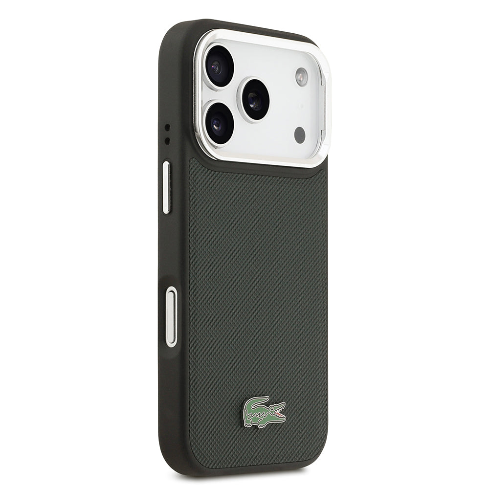 Apple iPhone 17 Pro Kılıf Lacoste Orjinal Lisanslı M-safe Şarj Özellikli PU Pike Desenli Standlı Metal Logolu Kapak Koyu Yeşil