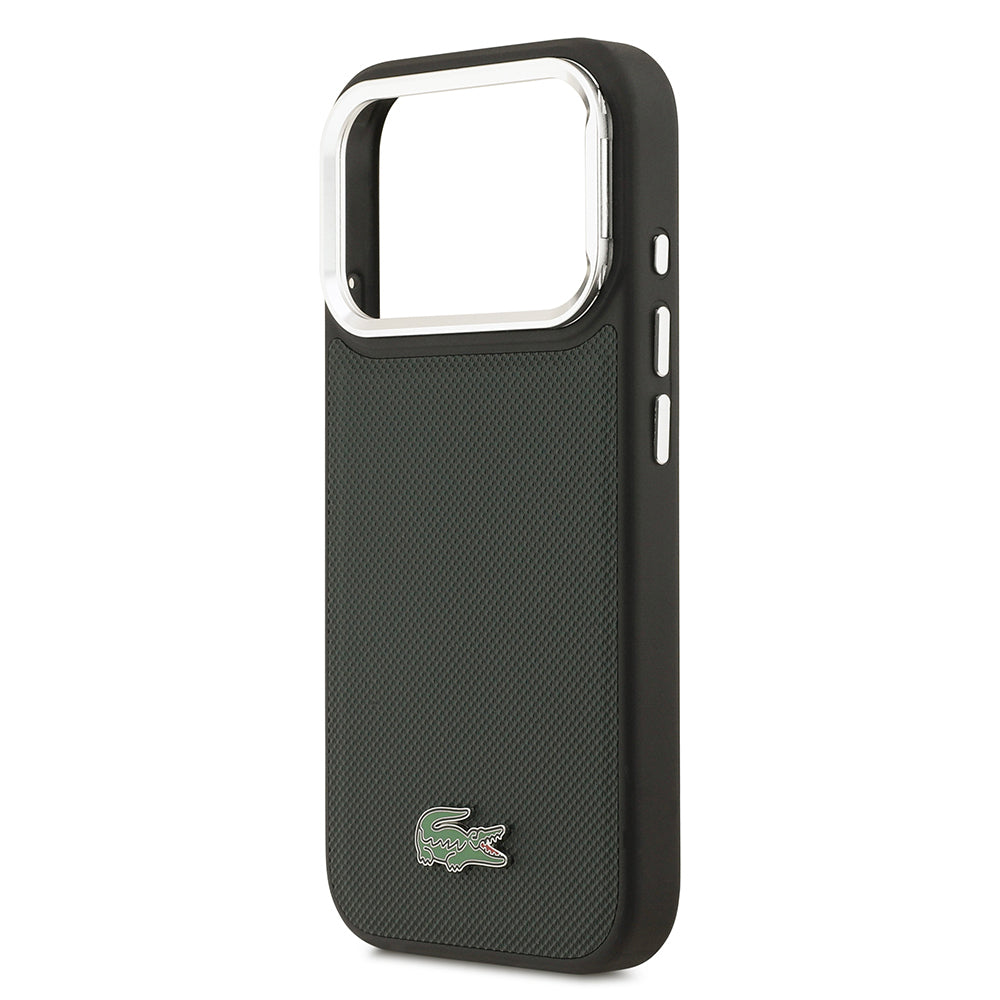 Apple iPhone 17 Pro Kılıf Lacoste Orjinal Lisanslı M-safe Şarj Özellikli PU Pike Desenli Standlı Metal Logolu Kapak Koyu Yeşil
