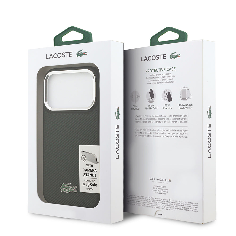 Apple iPhone 17 Pro Kılıf Lacoste Orjinal Lisanslı M-safe Şarj Özellikli PU Pike Desenli Standlı Metal Logolu Kapak Koyu Yeşil