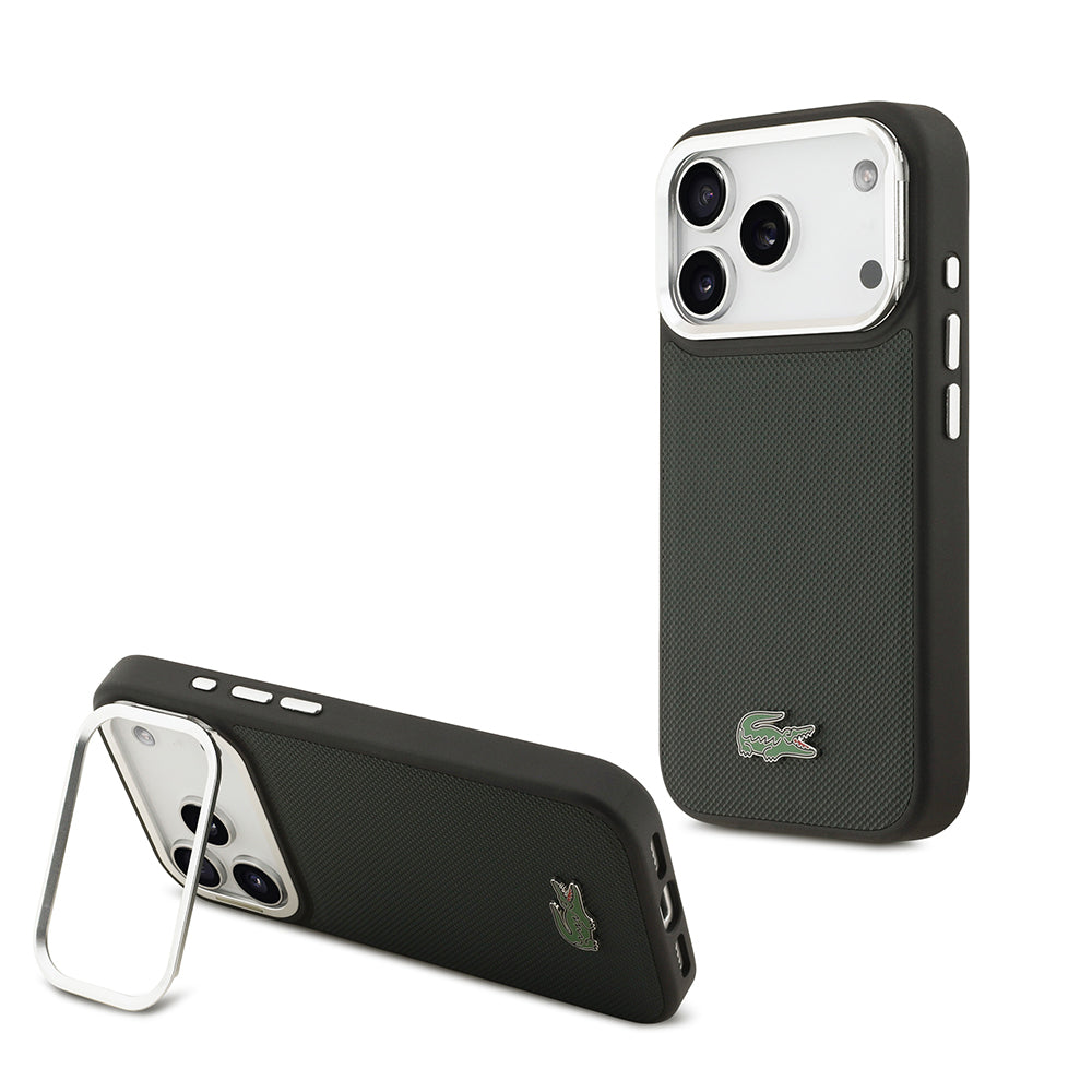 Apple iPhone 17 Pro Kılıf Lacoste Orjinal Lisanslı M-safe Şarj Özellikli PU Pike Desenli Standlı Metal Logolu Kapak Koyu Yeşil