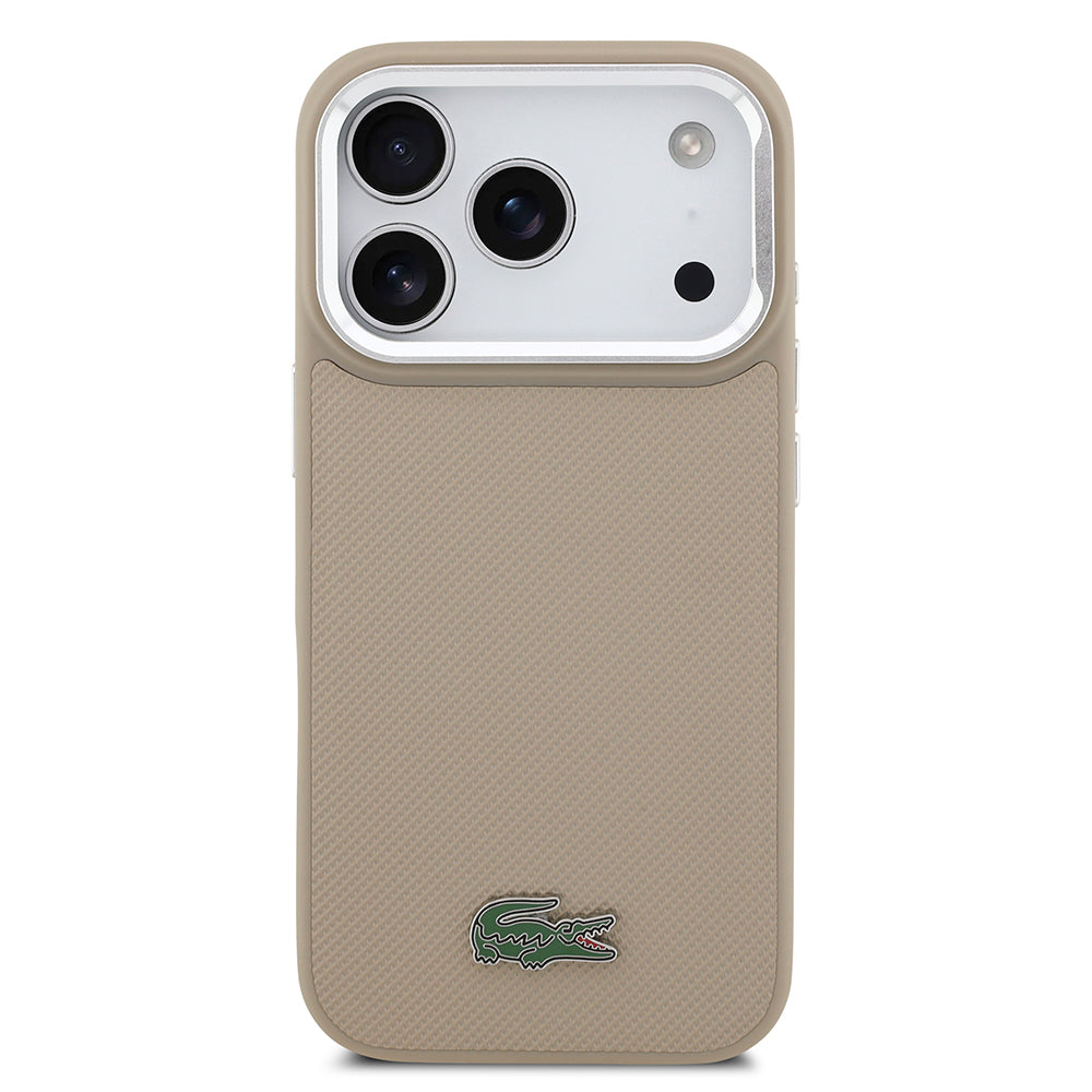 Apple iPhone 17 Pro Kılıf Lacoste Orjinal Lisanslı M-safe Şarj Özellikli PU Pike Desenli Standlı Metal Logolu Kapak Bej