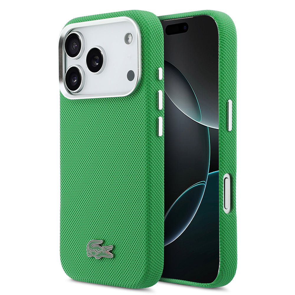 Apple iPhone 17 Pro Kılıf Lacoste Orjinal Lisanslı M-Safe Şarj Özellikli PVC Pike Desenli Arka Yüzey İkonik Timsah Dokuma Logolu Kapak Yeşil
