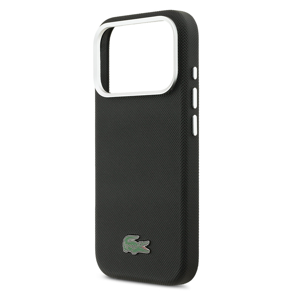 Apple iPhone 17 Pro Kılıf Lacoste Orjinal Lisanslı M-Safe Şarj Özellikli PVC Pike Desenli Arka Yüzey İkonik Timsah Dokuma Logolu Kapak Siyah