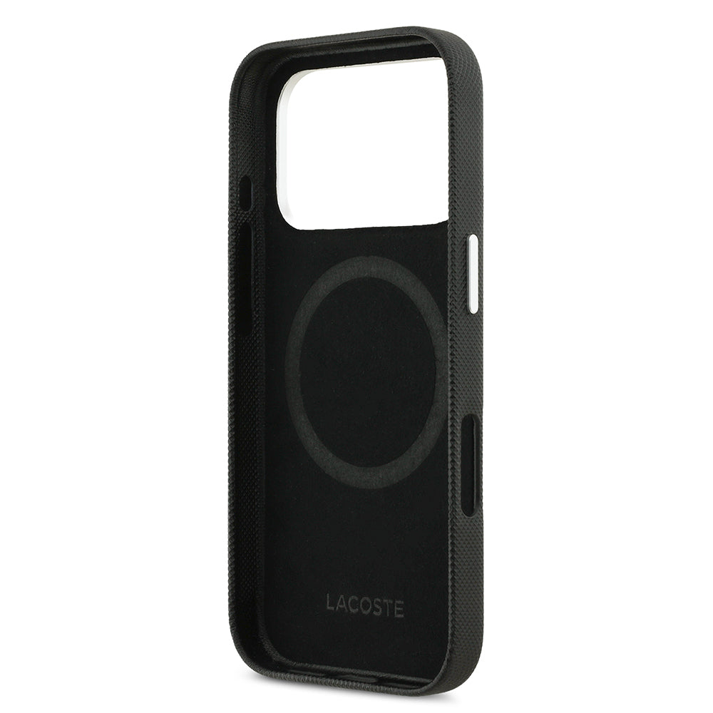 Apple iPhone 17 Pro Kılıf Lacoste Orjinal Lisanslı M-Safe Şarj Özellikli PVC Pike Desenli Arka Yüzey İkonik Timsah Dokuma Logolu Kapak Siyah